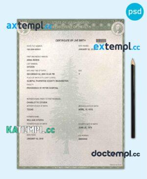 sample USA Washington state birth certificate template in PSD format, fully editable download