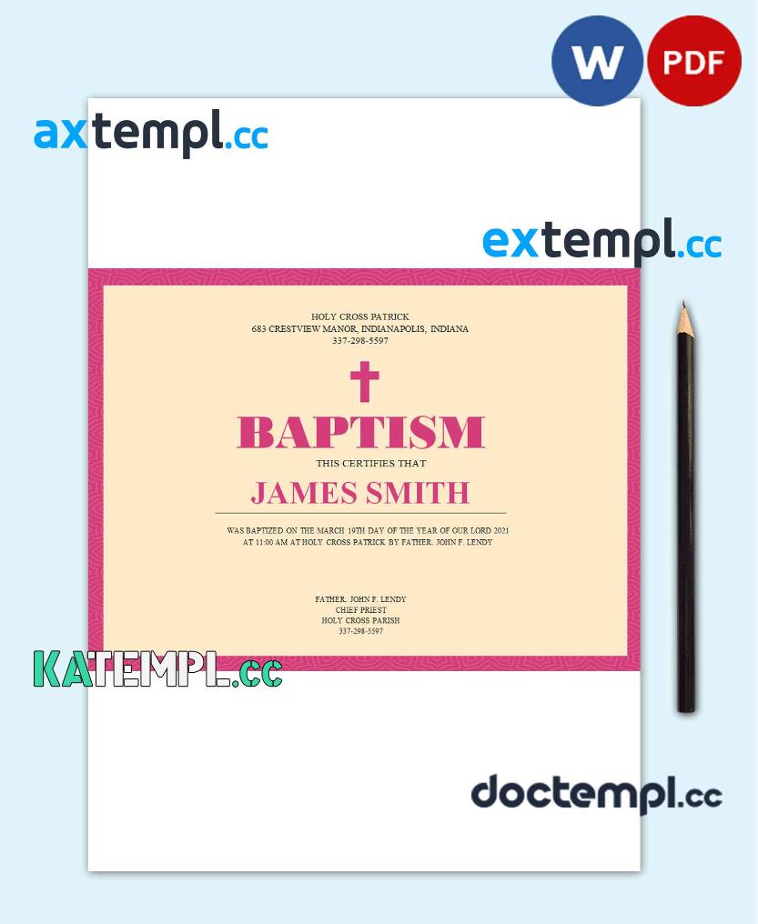 sample USA Baptism certificate template in Word and PDF format download