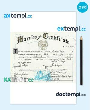 sample USA Oregon state marriage certificate template in PSD format download