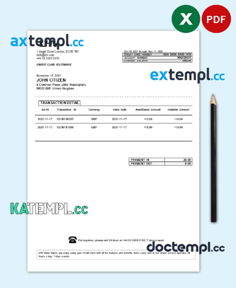sample United Kingdom LHV Group bank statement in Excel and PDF format download