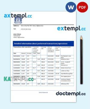 sample Afghanistan Da Afghanistan Bank (DAB) bank statement template in Word and PDF format download