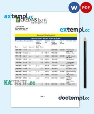 sample Albania Credins Bank statement template in Word and PDF format download
