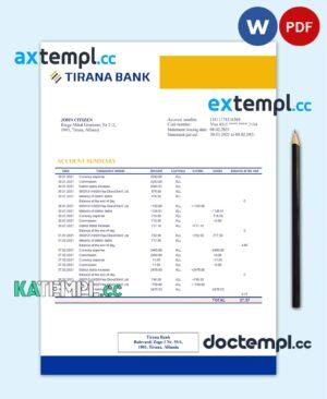 sample Albania Tirana bank statement template in .doc and .pdf format, fully editable download