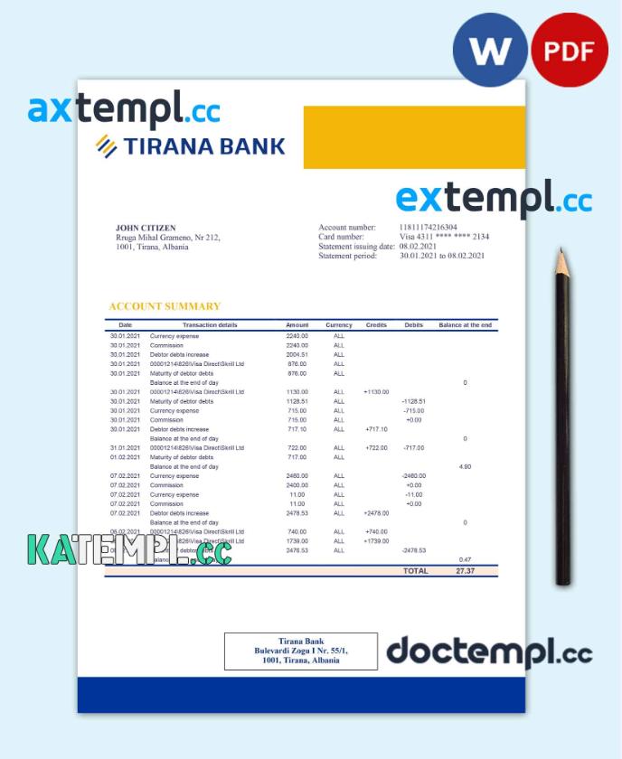 sample Albania Tirana bank statement template in .doc and .pdf format, fully editable download