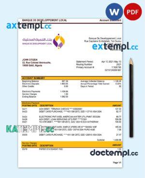 sample Algeria Banque de Developpement Local (BDL) bank account statement template in Word and PDF format download