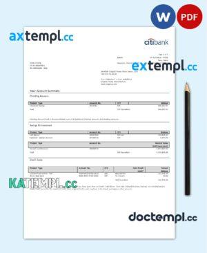 sample France Citibank bank statement template in Word and PDF format download