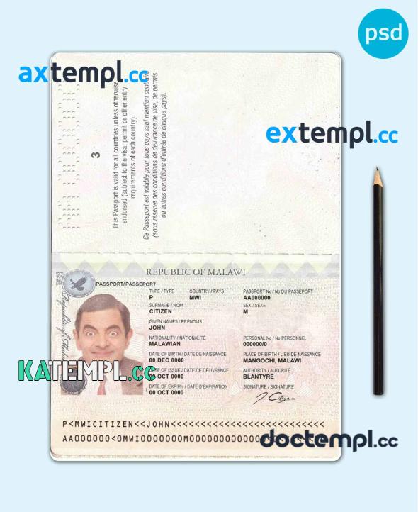 sample Malawi passport template in Word and PDF format, fully editable download