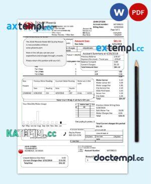 sample USA Arizona The City of Avondale Water utility bill template in Word and PDF format download