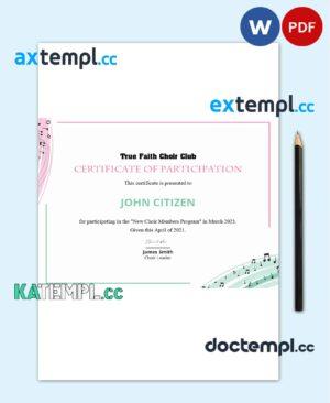 sample USA Choir Certificate of Participation template in Word and PDF format download