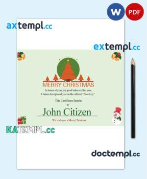 sample USA Christmas Gift certificate template in Word and PDF format, fully editable download