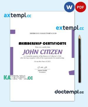 sample USA Club Membership certificate template in Word and PDF format, fully editable download