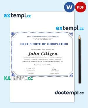 sample USA Completion certificate template in Word and PDF format, version 3 download