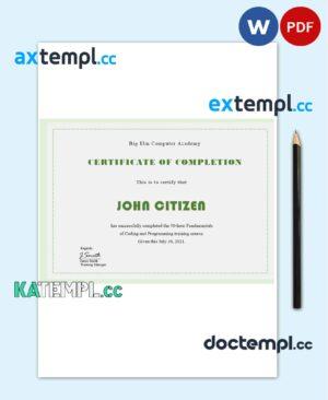 sample USA Computer Training certificate template in Word and PDF format download