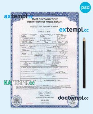 sample USA Connecticute state birth certificate template in PSD format, fully editable download