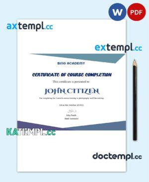 sample USA Course Completion certificate template in Word and PDF format download