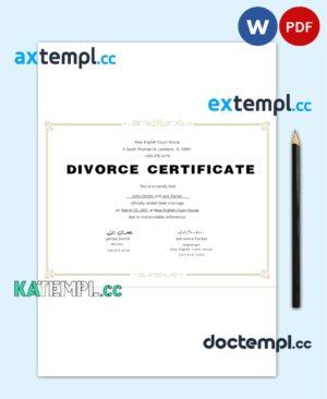 sample USA Divorce certificate template in Word and PDF format download