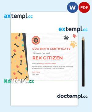 sample USA Dog Birth certificate template in Word and PDF format download