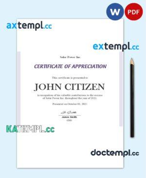 sample USA Employee Appreciation certificate template in Word and PDF format download