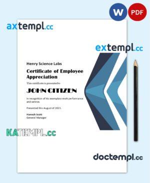 sample USA Employee Appreciation certificate template in Word and PDF format, version 2 download