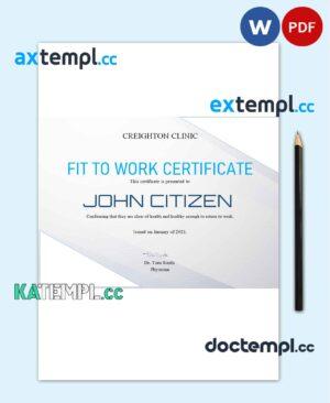 sample USA Fit to Work certificate template in Word and PDF format download