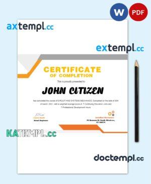 sample USA Mechanic certificate template in Word and PDF format download
