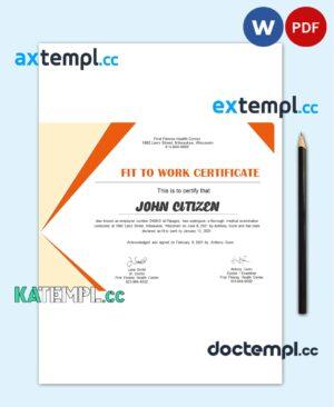 sample USA Medical Fitness certificate template in Word and PDF format download