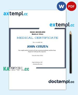 sample USA Medical certificate template in Word and PDF format download