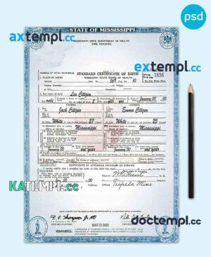 sample USA Mississippi state birth certificate template in PSD format, fully editable download