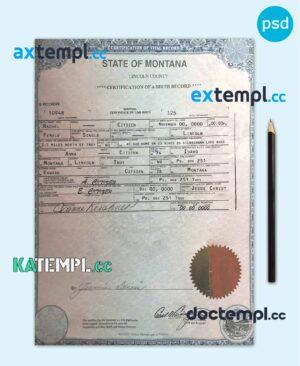 sample USA Montana state birth certificate template in PSD format, fully editable download