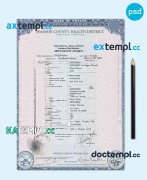 sample USA Nevada state birth certificate template in PSD format, fully editable download