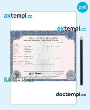 sample USA New Hampshire state birth certificate template in PSD format, fully editable download