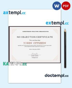 sample USA No Objection certificate template in Word and PDF format download