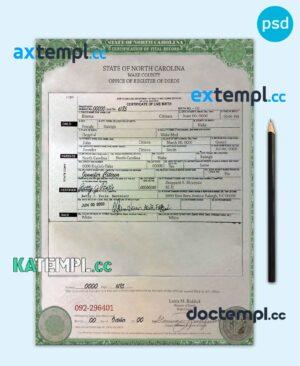 sample USA North Carolina state birth certificate template in PSD format, fully editable download