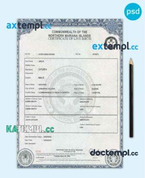 sample USA Northern Mariana Islands birth certificate template in PSD format, fully editable download