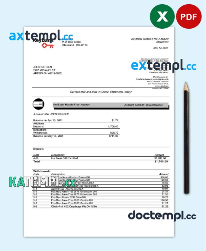 sample USA Ohio KeyBank bank statement template in Excel and PDF format download