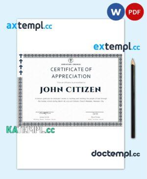 sample USA Pastor Appreciation certificate template in Word and PDF format download