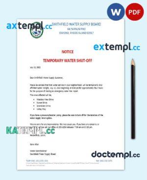 sample USA Rhode Island Smithfield water supply board water shut off notice, Word and PDF template download