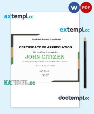 sample USA Softball certificate template in Word and PDF format download