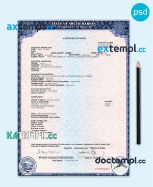 sample USA South Dakota state death certificate template in PSD format, fully editable download