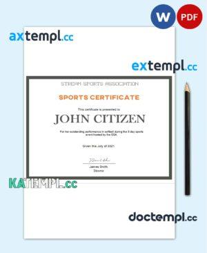 sample USA Sports certificate template in Word and PDF format download