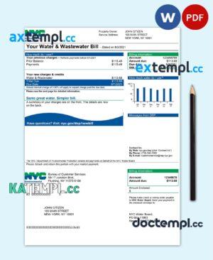 sample USA The New York City Department of Environmental Protection (DEP) utility bill template in Word and PDF format download