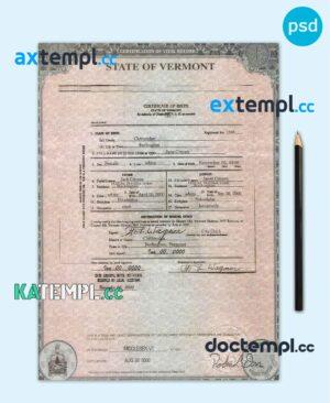 sample USA Vermont state birth certificate template in PSD format, fully editable download