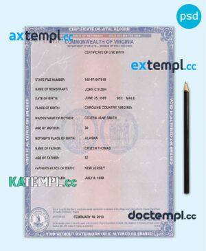 sample USA Virginia state birth certificate template in PSD format, fully editable download