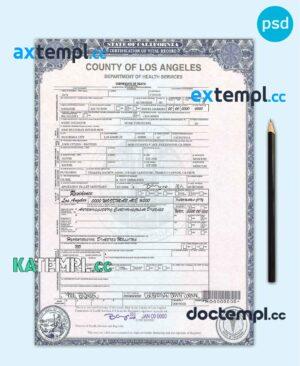sample USA county of Los Angeles death certificate template in PSD format, fully editable download