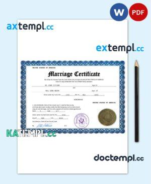 sample USA marriage certificate Word and PDF template, completely editable download