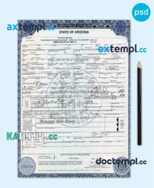 sample USA state Arizona death certificate template in PSD format, fully editable download