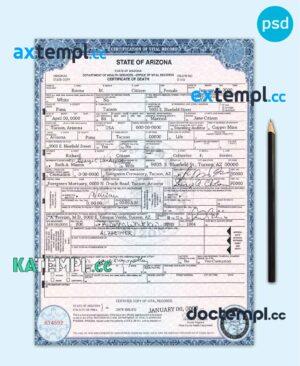 sample USA state Arizona death certificate template in PSD format, version 2 download