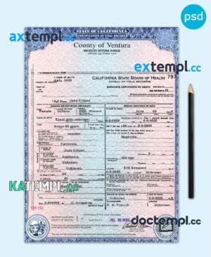 sample USA state California County of Ventura death certificate template in PSD format, fully editable download