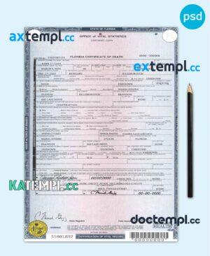 sample USA state Florida death certificate template in PSD format, fully editable download