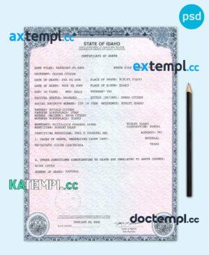 sample USA state Idaho death certificate template in PSD format, fully editable download